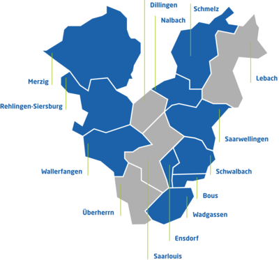 Karte der teilnehmenden Kommunen im Landkreis Saarlouis und Merzig an der Zentralen Vergabestelle